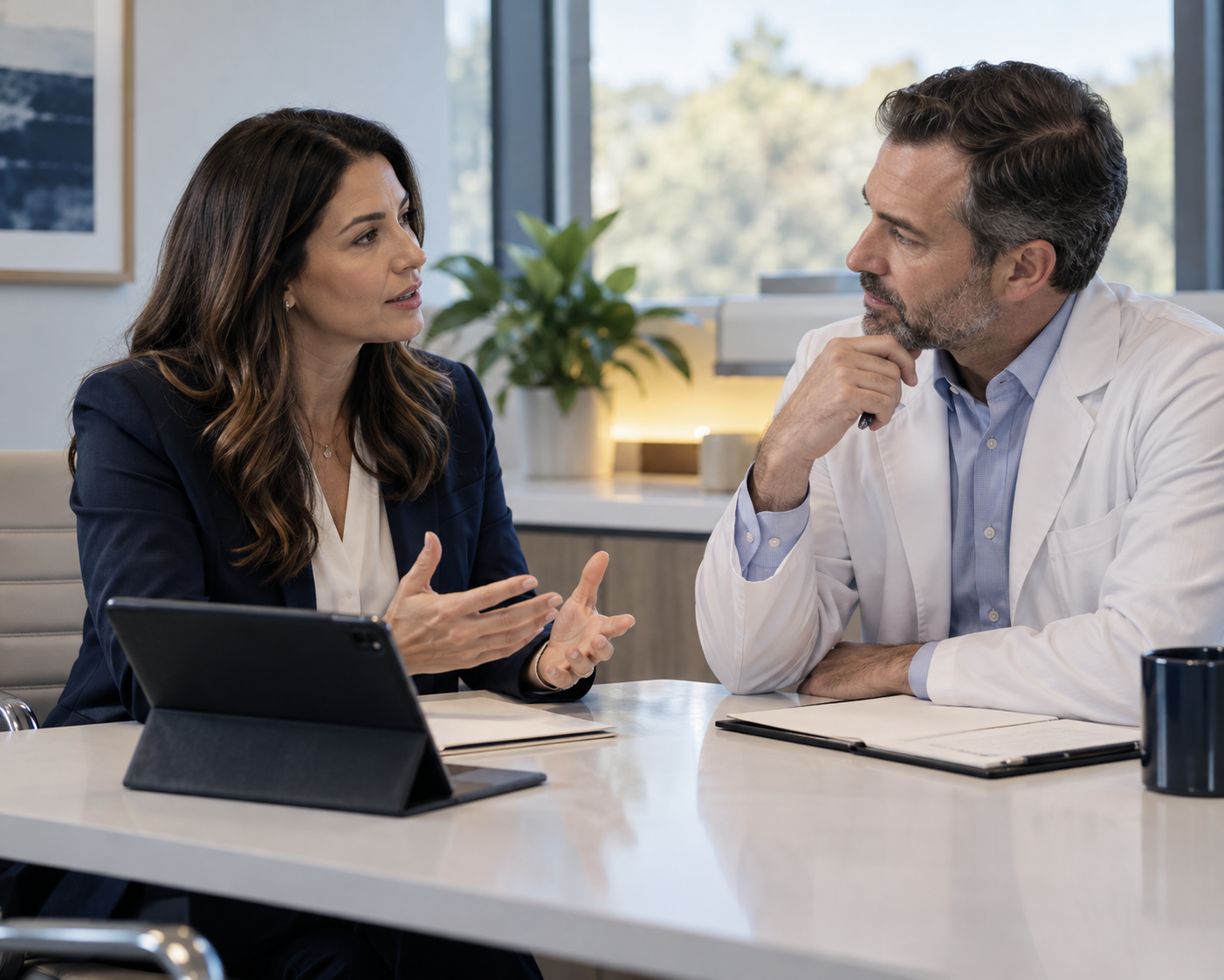 A pharmaceutical representative in conversation with a healthcare professional